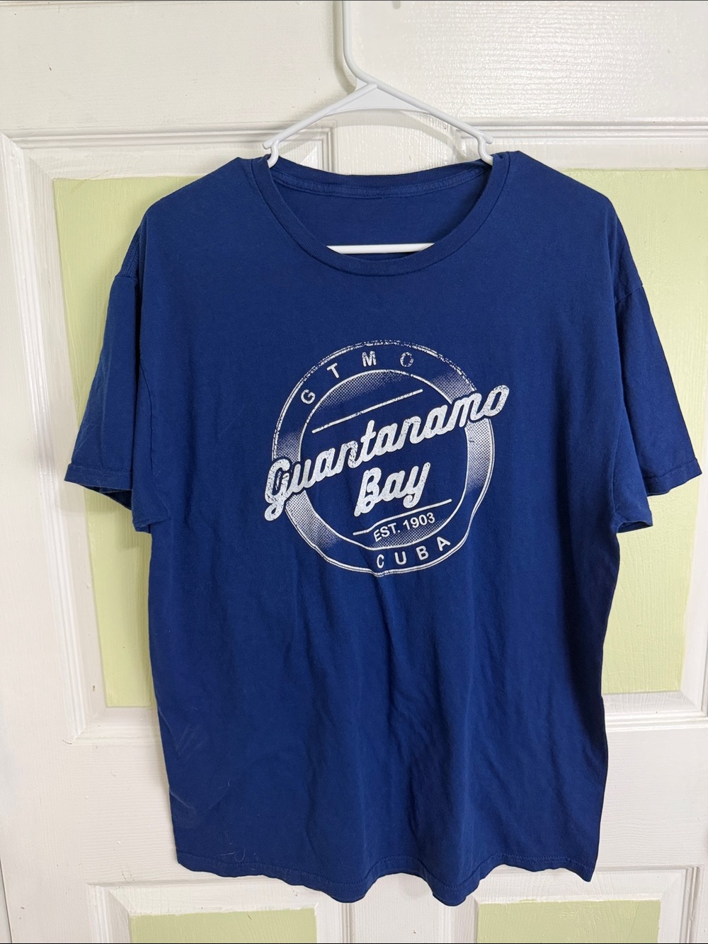 (2453)  Guantanamo Bay GTMO Graphic Crew Neck T-Shirt - Blue, Size: Large